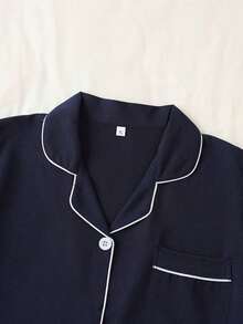 Set de 2 piezas de ropa de dormir de verano para mujer: top de manga corta y shorts, ropa casual y cómoda para el hogar y uso casual - Azul marino - Ver 3