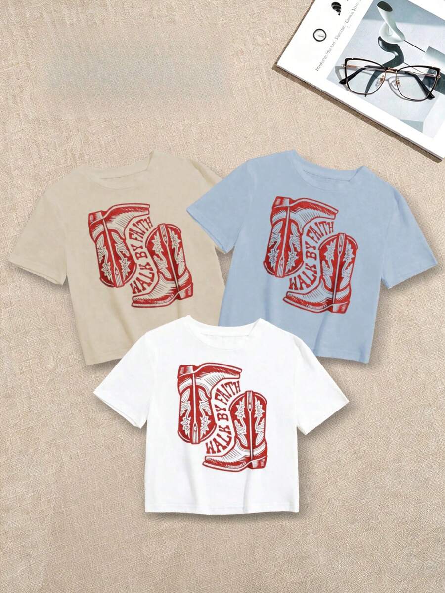 Women's T-Shirts, Women's Tops, One-Piece Set, Short-Sleeved Crop Top, With A Round Neck Design That Enhances A Sexy, Fitted Silhouette And A Short Style. Made Of 100% Pure Cotton, With Local Delivery Service Available; Summer Clothing Designed Specifically For Women, Vacation Outfits, Summer Tops, Mother's Day Dresses, Holiday Outfits, Etc. - 1件白色隨機圖案 - 查看 1