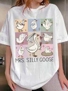 Gift: 1 Women's White T-Shirt With Cartoon Goose Print, Round Neck, Casual Cotton T-Shirt, Medium Elasticity Knit Fabric, Regular Fit For Ladies, For Spring/Summer/Autumn, Soft. - 白色 - 查看 6