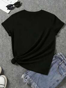 1 pieza Camisetas de moda, Lindo corto cuello redondo transpirable Tops para mujer, Gráfico  2026 Camisetas de mujer para, fruncido - Negro - Ver 4