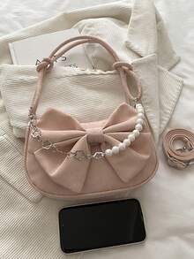 Cloud Ruched Solid Color Bow Decor Versatile Fashion Shoulder Bag - Pink - View 10
