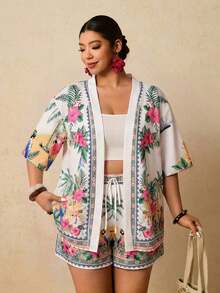 2 piezas Conjunto de talla grande Chaqueta de manga corta con estampado de leopardo, casual y de moda para uso diario - Blanco - Ver 5