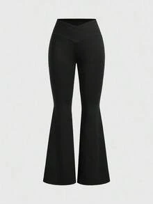 Nuevos Pantalones Acampanados De Talle Alto Con Envoltura En Color Sólido Simple Para Verano 2024 - Negro 2 - Ver 5