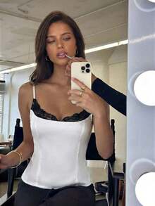 Camiseta ajustada con cuello de encaje negro, estampado de lunares blanco y negro para mujer - Blanco 2 - Ver 9