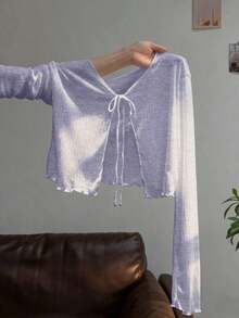 Vestido camisero con adorno de encaje, chaqueta de punto de manga larga para mujer, protección solar de verano - Morado - Ver 7