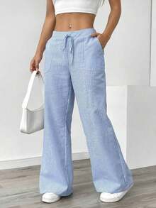 Pantalones sueltos para mujer con rayas azules de tiro bajo para vacaciones y uso informal - Azul 2 - Ver 3