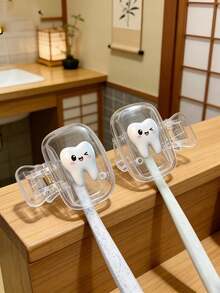 Smiling Teeth Print Toothbrush Holder Portable Combination Set, Home Toothbrush Holder Protective Cover, Portable Toothbrush Case, Travel Toothbrush Storage Box, Portable Toothbrush Head Protective Clip, Toothbrush Storage Clip, Home And Travel Dust-Proof Toothbrush Protective Cover, Suitable For Home And Travel Use, Travel Toothbrush Storage Clip, Protect Your Toothbrush Cleanliness And Care For Your Oral Health - Multicolor - View 3