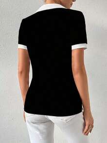 Camiseta de mujer con cuello polo, manga corta, estampado de lunares y parches - Negro 2 - Ver 2