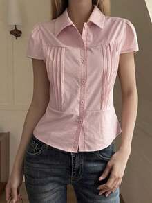 Blusa blanca de manga corta ajustada con cuello para mujer, de unicolor, para el verano - Rosa 4 - Ver 5