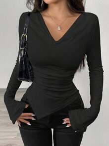 Women's Winter Sweater With A Plunging Neckline, Can Be Worn With An Asymmetrical Collar, Asymmetrical Hem, Knitted Top. - 黑色 - 查看 10