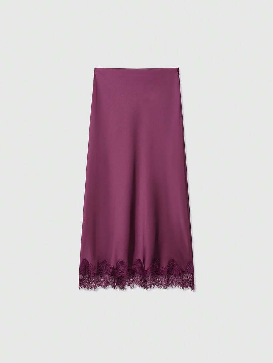 Rok Midi Wanita Warna Polos dengan Hiasan Renda dan Bahan Mirip Sutra untuk Musim Panas - Burgundy - View 1