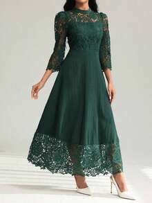 Vestido largo de manga larga con parches de bordado de ojal amarillo para mujeres - Verde Oscuro - Ver 5