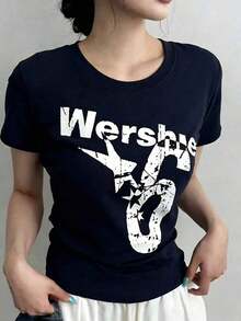 Women's Short-Sleeved T-Shirt, Round Neck, Loose Fit For Summer - ネイビーブルー - 查看 3