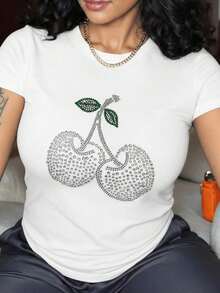 Cherry, Strawberry, Lemon 1 Glitter Casual Sweet Party Elegant None Beach Holiday Sporty Office Home Comfortable Cherry Print Crew Neck T-Shirt, With Party And Holiday Atmosphere, Black Blouses For Women, For Spring/Summer - 白色 - Bco07 - 查看 7