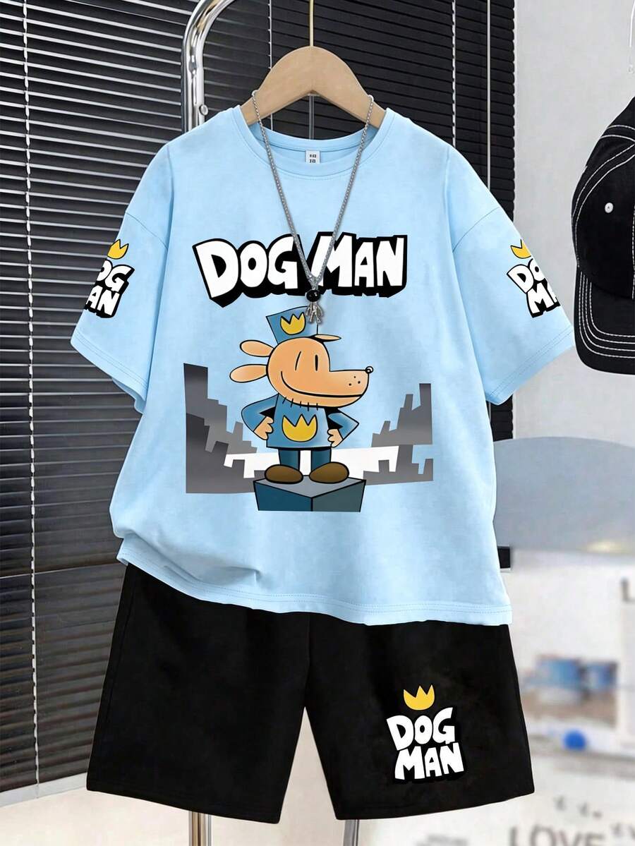 一套男童卡通侦探狗 DOGMAN 印花短袖T恤和运动裤,完美的夏季礼物,适合春夏上学和户外活动穿着。 - 彩色 - 查看 1