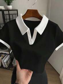 Blusa casual de mujer con cuello polo a rayas y manga corta - Negro 2 - Ver 6