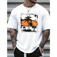 [100% Cotton] Palm Tree Print T-Shirt, Casual Short Sleeve - Comfortable Crew Neck, Soft And Stylish T-Shirt, Urban Clothing, 90s Tropical Style Short Sleeve Graphic T-Shirt, Casual Summer Crew Neck T-Shirt, Casual And Loungewear - 白色 - 查看 1