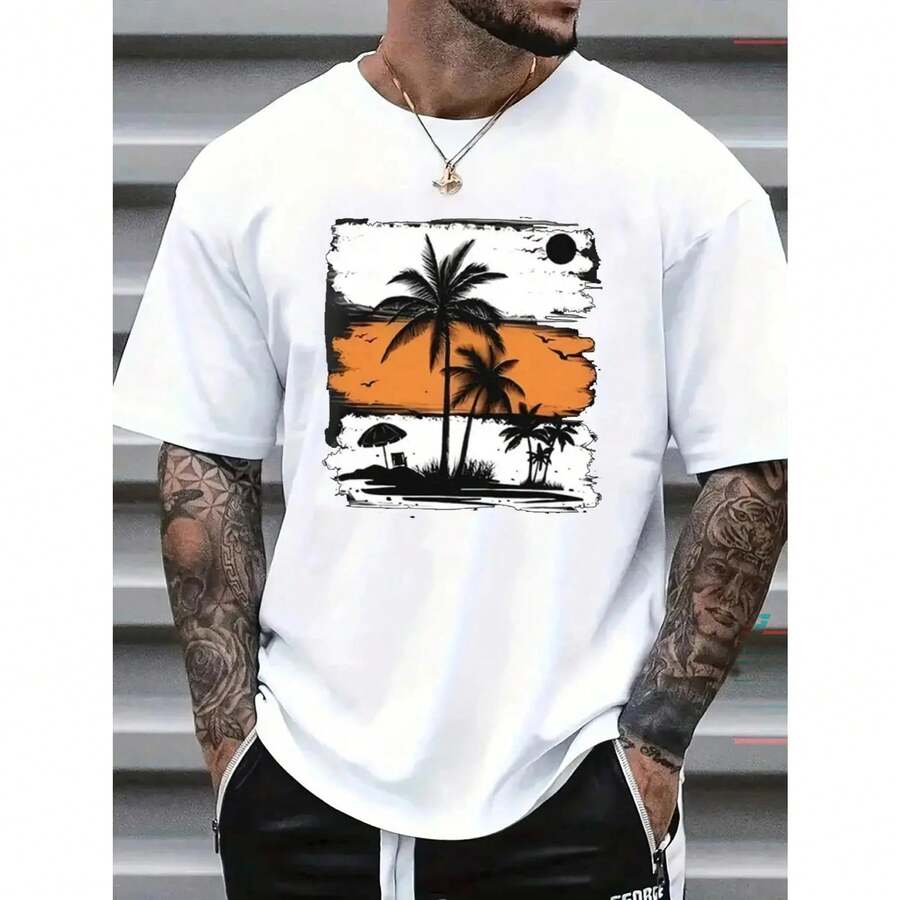 [100% Cotton] Palm Tree Print T-Shirt, Casual Short Sleeve - Comfortable Crew Neck, Soft And Stylish T-Shirt, Urban Clothing, 90s Tropical Style Short Sleeve Graphic T-Shirt, Casual Summer Crew Neck T-Shirt, Casual And Loungewear - 白色 - 查看 1