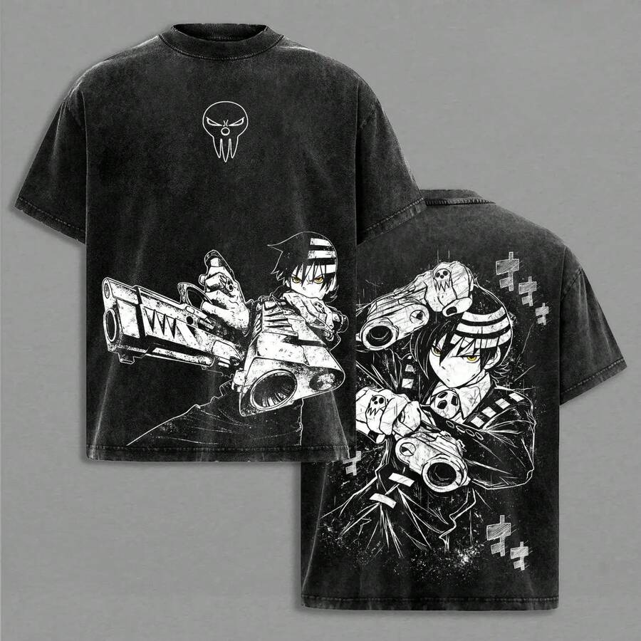 Unisex Short-Sleeved T-Shirt With Soul Eater Death The Kid Print, Vintage Anime Style For Everyday Wear, Casual Short-Sleeved T-Shirt For Men, Summer Vibes. - 黑色 - 查看 1