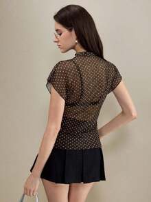 amiseta de mujer con cuello Mao, manga de murciélago y estampado de lunares transparente.Versátil para el verano, elegante para el transporte urbano, estilo académico vintage, ocasión formal de oficina Y2K, transporte urbano el - Marrón - Ver 2