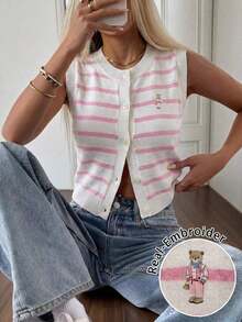 Chaleco tipo cárdigan con cuello en V rosa Jsfg para mujer, ideal para salir. - Rosa 4 - Ver 3