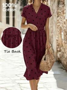 Vestido casual elegante y vintage con estampado de lunares, con bolsillos y lazo en la espalda, silueta minimalista pero refinada de corte evasé con cintura anudada, vestido versátil para oficina/ocasión, conjunto bohemio de lunares para vacaciones, primavera/verano rojo - Burdeos - Ver 9