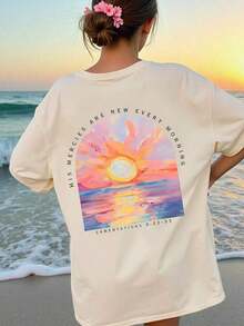 Summer Sunset Print Round Neck Short Sleeve Women T-Shirt, Vacation/Holiday Top-Vintage Street Style Unisex Loose Cotton Short Sleeve Crew Neck T-Shirtblusas para mujer. blusas.blusas casuales para dama. - Albaricoque - Ver 2