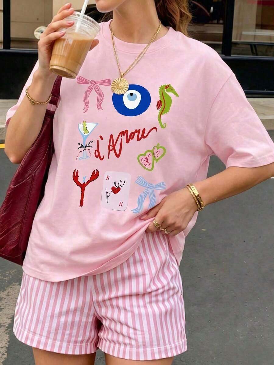 Women's "Amalfi Coast Mediterranean Style" T-Shirt, Regular Fit, Hand-Painted Artistic Pattern T-Shirt, Comfortable Italian Summer Short-Sleeved Blouse, Unique Round Neck, Retro Leisure And Gastronomy Style, Casual White Fashion - 羅莎 - 查看 1