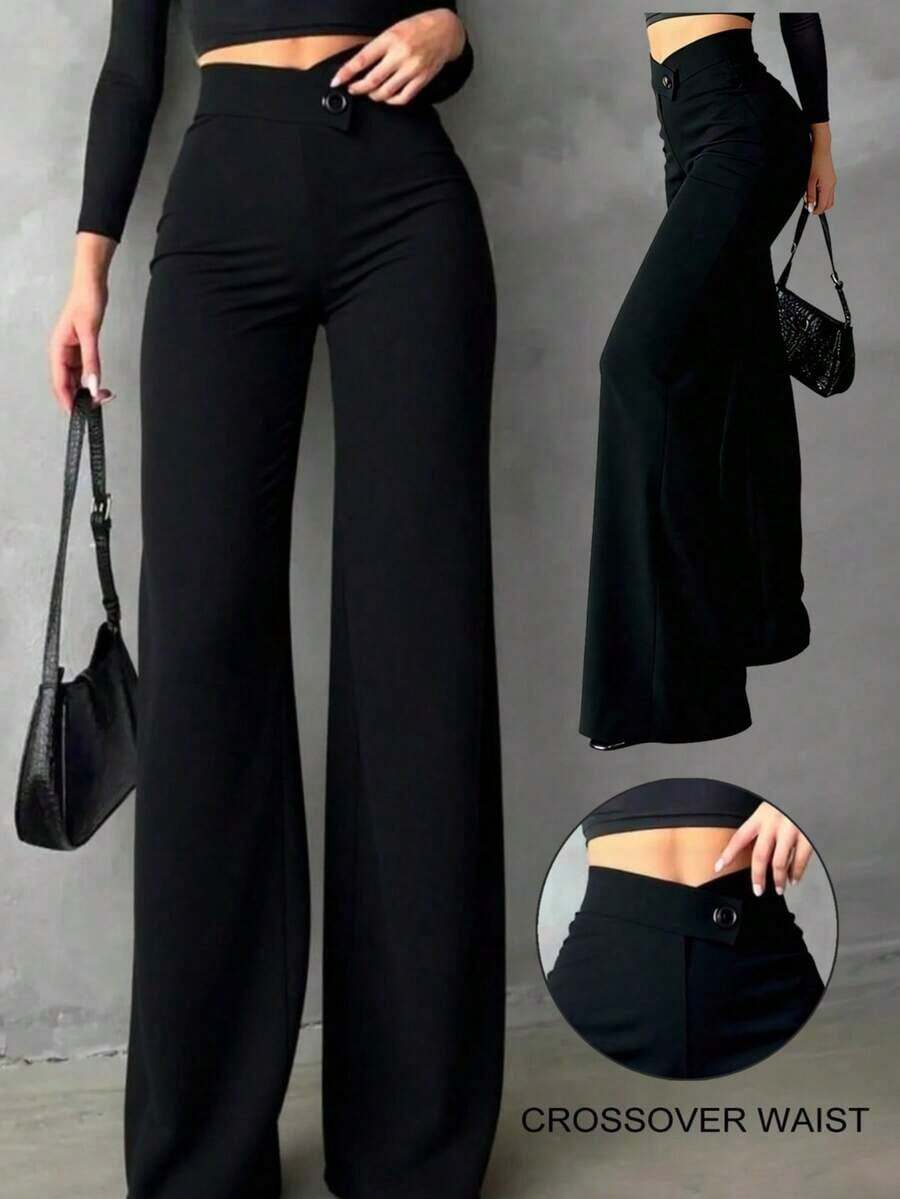 Pantalones rectos de cintura alta de unicolor, elegantes y casuales, adecuados para salidas diarias, ir a la oficina, estar en casa, citas, pequeñas fiestas, eventos sociales ligeros en primavera, color negro - Negro - Ver 1