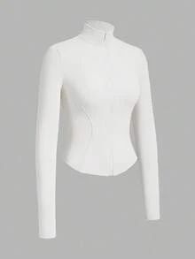 Chaqueta de manga larga de punto ajustada con protección solar para mujer en otoño/invierno, color albaricoque - Blanco - Ver 3