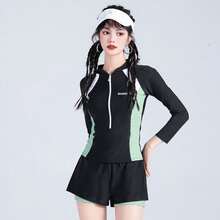 Swimsuit female split bath hot spring explosion advanced sense conservative surfing summer long sleeve sun protection swimsuit student - 黒と緑 - チェックする 1