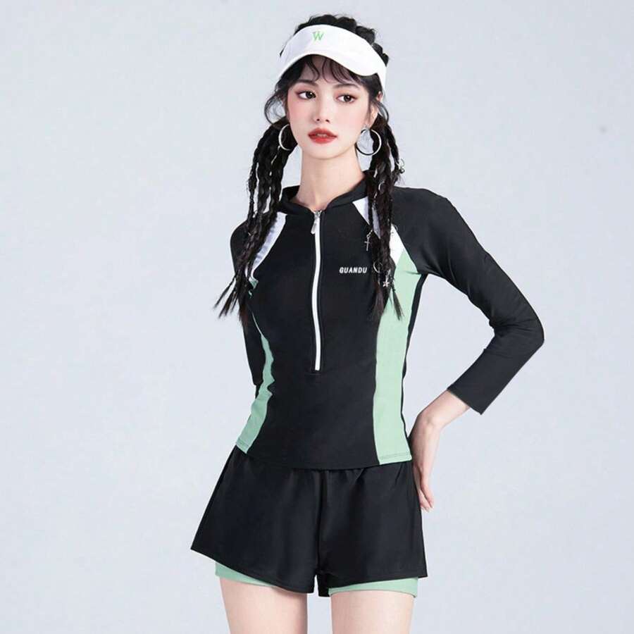 Swimsuit female split bath hot spring explosion advanced sense conservative surfing summer long sleeve sun protection swimsuit student - 黒と緑 - チェックする 1