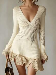 Women's 2026 Spring/Summer Long Sleeved Knitted V-Neck Short Skirt Sweater Dress - Màu be - Xem 3
