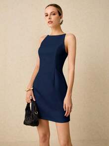 mini elegante sin mangas de unicolor, estilo de oficina - Azul marino - Ver 5