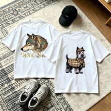 2-Piece Couple Matching Pattern T-Shirt, 100% Cotton, Loose Fit, Soft And Breathable, Casual Round Neck Short Sleeved Top Mardi Gras Dog With Beads And Glasses Right Between Your Ears Headphones Versatile Patterns No Picky Combinations Coordinated Dating Casual Travel Simple And Cartoonish - 白色 - 查看 1