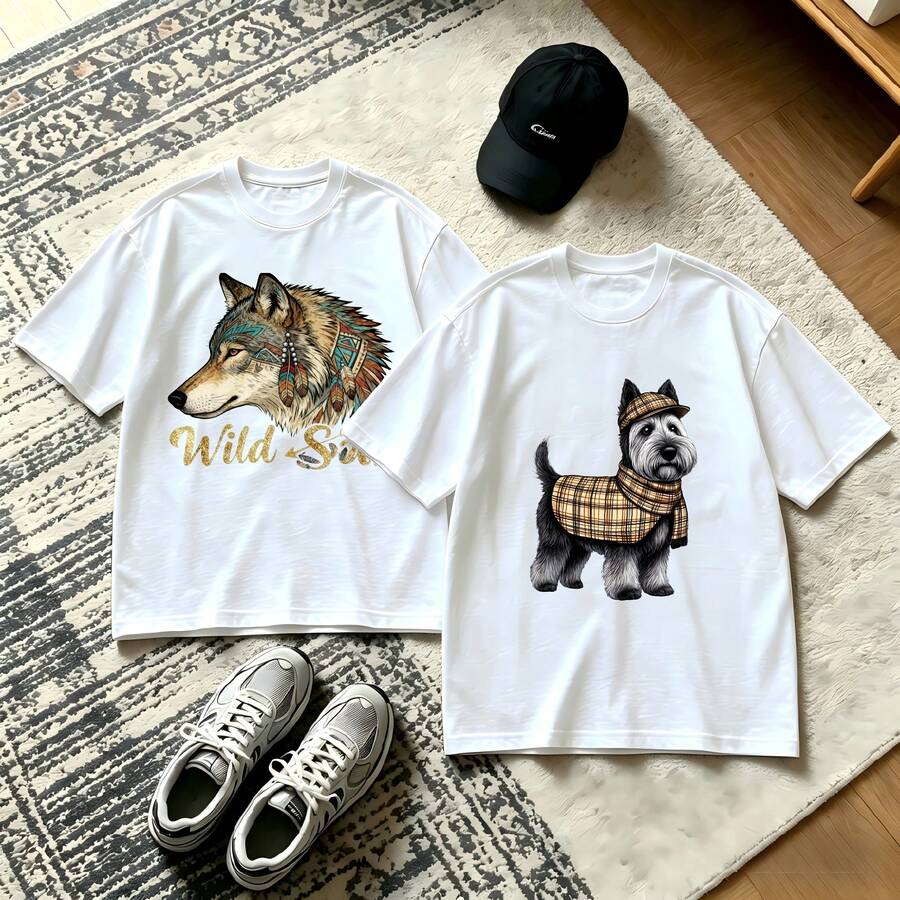 2-Piece Couple Matching Pattern T-Shirt, 100% Cotton, Loose Fit, Soft And Breathable, Casual Round Neck Short Sleeved Top Mardi Gras Dog With Beads And Glasses Right Between Your Ears Headphones Versatile Patterns No Picky Combinations Coordinated Dating Casual Travel Simple And Cartoonish - 白色 - 查看 1