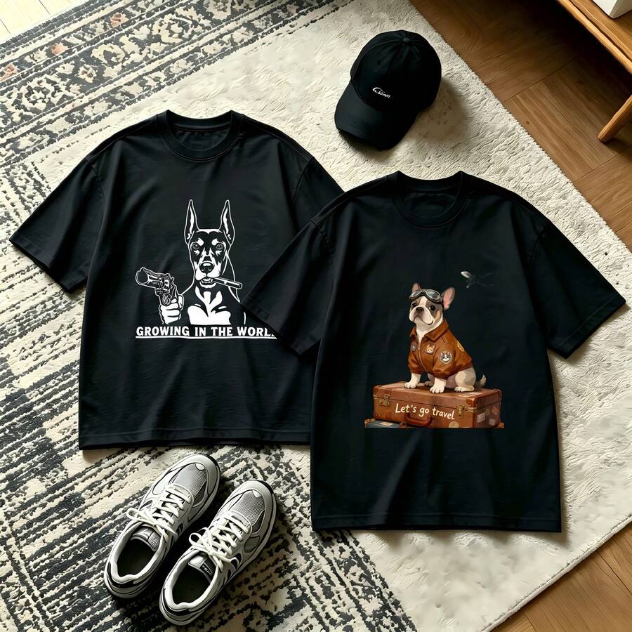 2-Piece Couple Matching Pattern T-Shirt, 100% Cotton, Loose Fit, Soft And Breathable, Casual Round Neck Short Sleeved Top Cocktail Drinks Sunset Summer Festival Ice Cream Versatile Patterns No Picky Combinations Coordinated Dating Casual Travel Simple And Cartoonish Printing Styles High - 黑色 - 查看 1