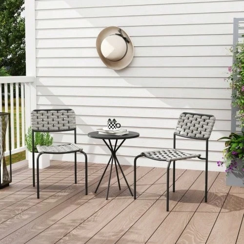Polyrattan Garden Furniture Set, Outdoor Lounge Balcony Furniture For 2 People, 3-Piece Seating Group With 2 Stackable Chairs, Table, Weatherproof Garden Lounge For Garden, Terrace Balcony, Grey - Grey - View 1