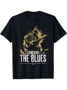 Camiseta 100% Algodón con Diseño Estampado Casual para Hombre y Mujer, Estampado de Guitarra de Música Blues Vintage - Diseño de Celebración de la Música Blues, con Estampado de Estrellas, Cuello Redondo Casual, Mangas Cortas, con Estampado Dorado, Adecuada para Uso Casual, Camiseta de Guitarra, Camiseta de Música, Ropa para Amantes de la Música, Tops de Verano 2026, Atuendos Cotidianos para Mujer, Adecuada para primavera, verano y otoño. - Negro - Ver 1
