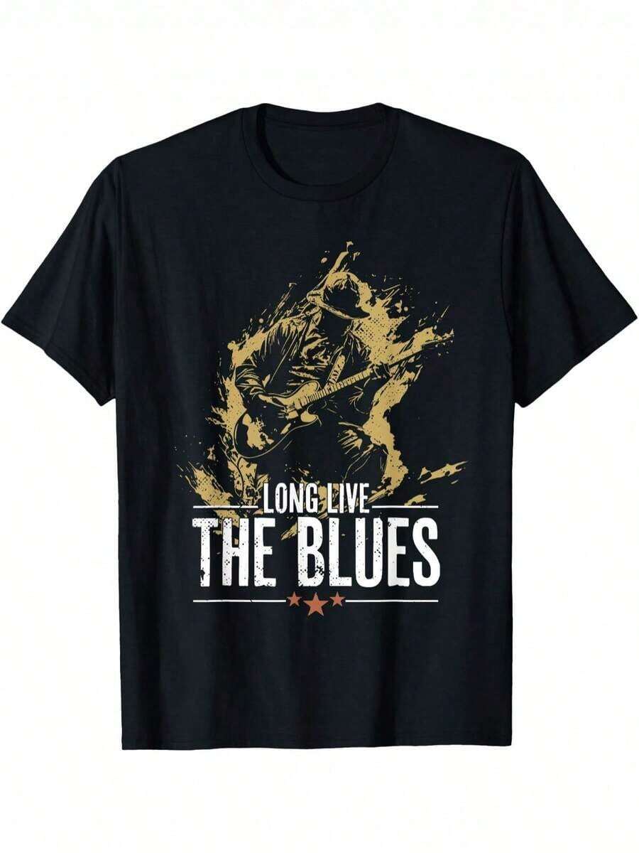 Camiseta 100% Algodón con Diseño Estampado Casual para Hombre y Mujer, Estampado de Guitarra de Música Blues Vintage - Diseño de Celebración de la Música Blues, con Estampado de Estrellas, Cuello Redondo Casual, Mangas Cortas, con Estampado Dorado, Adecuada para Uso Casual, Camiseta de Guitarra, Camiseta de Música, Ropa para Amantes de la Música, Tops de Verano 2026, Atuendos Cotidianos para Mujer, Adecuada para primavera, verano y otoño. - Negro - Ver 1