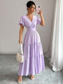 de manga corta morado de alta gama, con cintura ceñida, estilo francés, llegada primavera/verano 2025 - Púrpura malva - Ver 4
