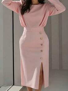 Long, Plain Party Dress, Spring 2026, Fitted With An Elegant Slit - Pink - View 2