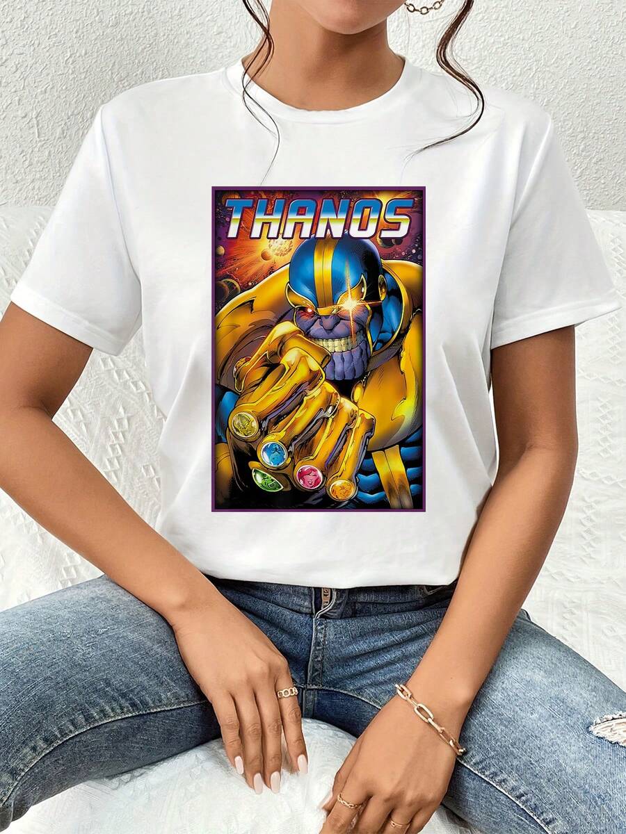 The Image Depicts A Powerful Cosmic Figure Wearing A Golden Gauntlet Adorned With Shimmering Gems, Representing Control Of The Universe And The Power Of Destiny. This Comfortable And Stylish Women's T-Shirt Is Ideal For Fans Of Power And Vibrant Graphic Art. - 白色 - 查看 1