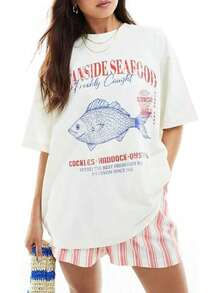 Y2K T Camisa / Arce Hoja Imprimir TopWomen Lindo Gráfico De gran tamaño Camisetas Pez Langosta Mar Floral Fruta Impreso Y2K Bolso holgado T Camisas Adolescente Chicas Preppy Costero Ropa Vintage Estética Gratis Personas Dup ES Ropa Azul Pez En Mujeres Ropa Tienda2026-Breezy Playa Superior / Ligero Verano Top-Vintage Calle Estilo Unisexo Suelto Algodón Corto Manga Tripulación Cuello Camiseta 100% algodón puro - Blanco - Ver 6
