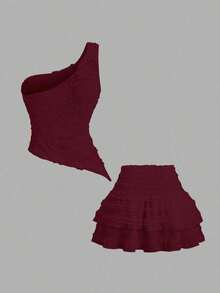 YkhahaSweetra Conjunto de top corto y minifalda con volantes de dobladillo asimétrico y sexy para mujerYkhaha - Burdeos - Ver 4