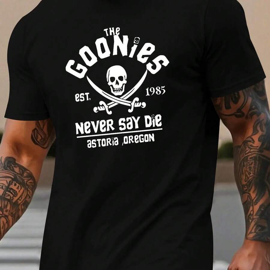 Men's Short-Sleeved T-Shirt, 100% Pure Cotton, Fashionable, Casual, Loose Fit, With Goonies Graphic Print And Round Neck. - 黑色 - 查看 1
