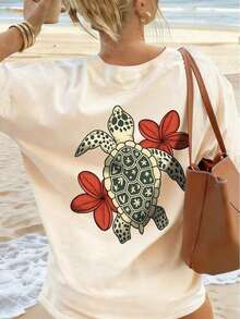 Conjuntos de mujer: Camiseta de verano para mujer con estampado de tortuga tropical y plumeria en la espalda, de corte holgado, cuello redondo, manga corta, estilo casual para vacaciones. - Albaricoque - Ver 4