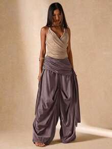 Pantalones sueltos y plisados de unicolor para uso diario de mujer - Morado - Ver 2