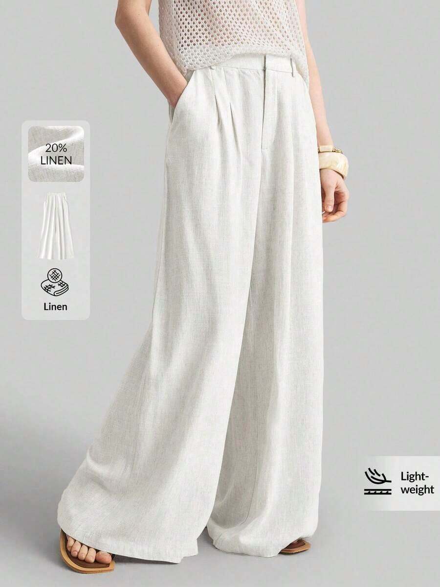 Ontre 2026SS Nuevos pantalones de pierna ancha para mujer, pantalones casuales y sueltos con cintura plisada, adecuados para estilo bohemio, Ibiza, vacaciones, festivales, invitados de boda, oficina, maestros, vuelta al colegio, con bolsillos, ajuste relajado, elegante estilo urbano chic, pantalones versátiles para mujer para primavera/verano - Blanco - Ver 1