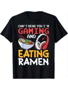 Funny Gamer T-Shirt "I Can't Hear You, I'm Gaming And Eating Ramen" - Unisex Casual Streetwear With Headphones And Ramen Graphic - Black With Red Print - Medium Stretch Fabric For Summer Outfits, Gaming Events And Anime Conventions - Comfortable Crew Neck - 黑色 - 查看 1